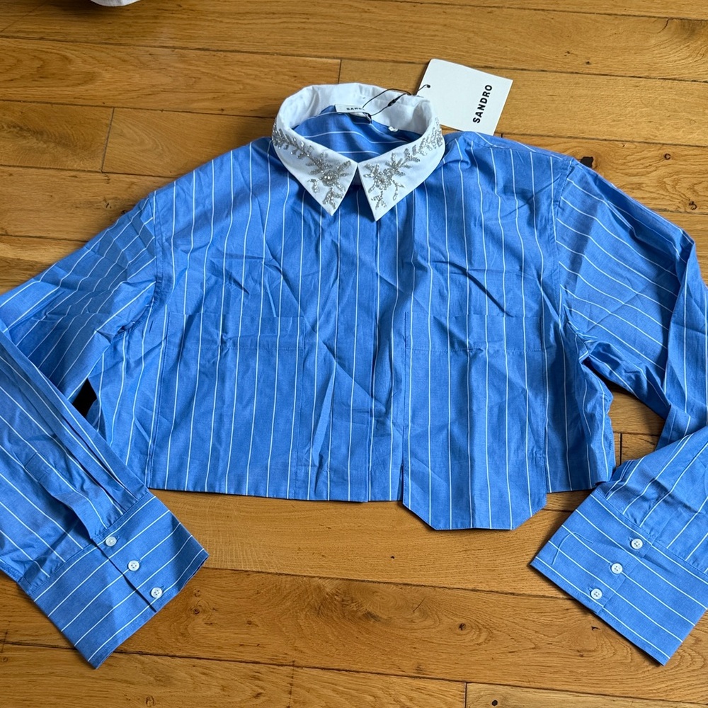 SANDRO Blue Striped Cropped Shirt with Embroidered Collar